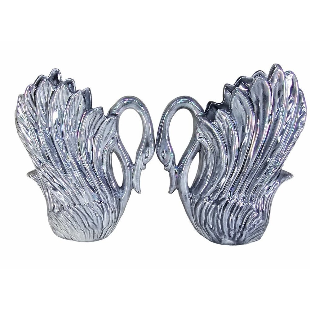 Silver Grey Swan Ceramic Pottery Vases Pair Vintage 1980s AB Glaze